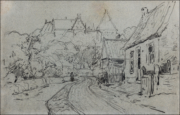 Hofstiege Kreidezeichnung auf Rippbütten
